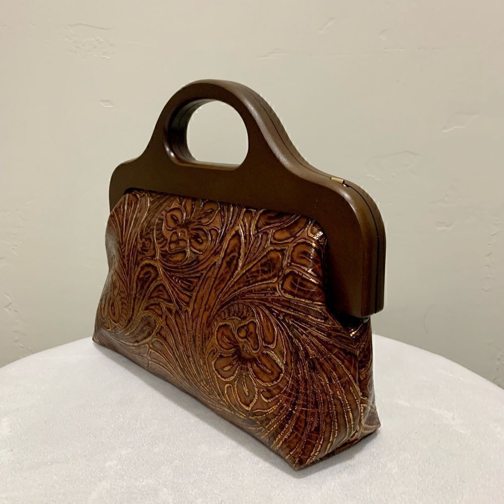 Vintage Style Handmade Genuine Embossed Leather Wooden Frame Bag/Crossbody - Picture 12 of 16